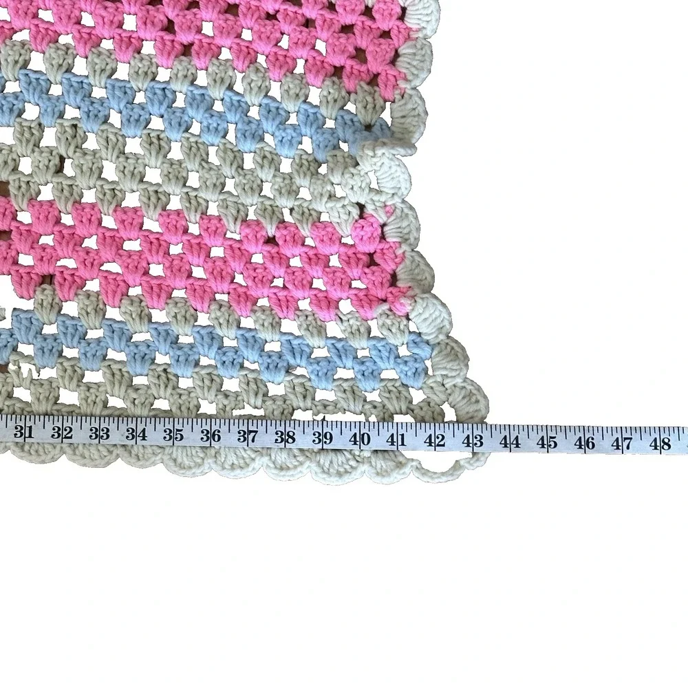 Vintage Handmade Granny Square Afghan Blanket Throw Pink Blue Tan 43X41